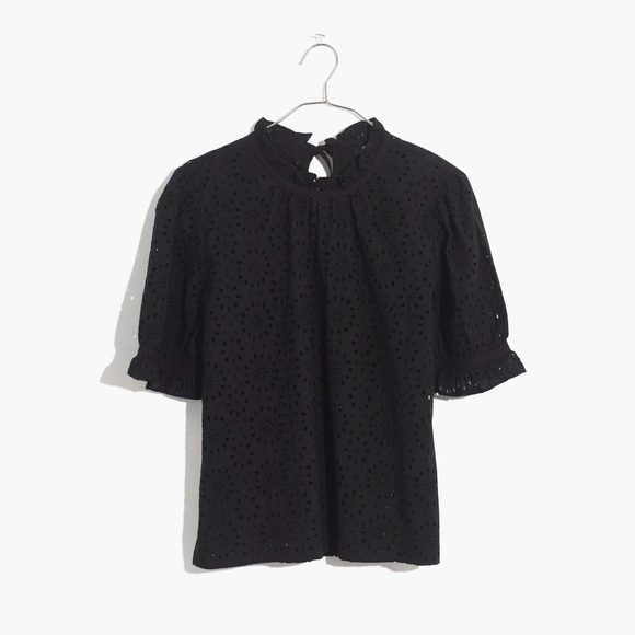 Madewell ‘Embroidered Eyelet Ruffle-Neck Keyhole Top’ in Black - Picture 7 of 8